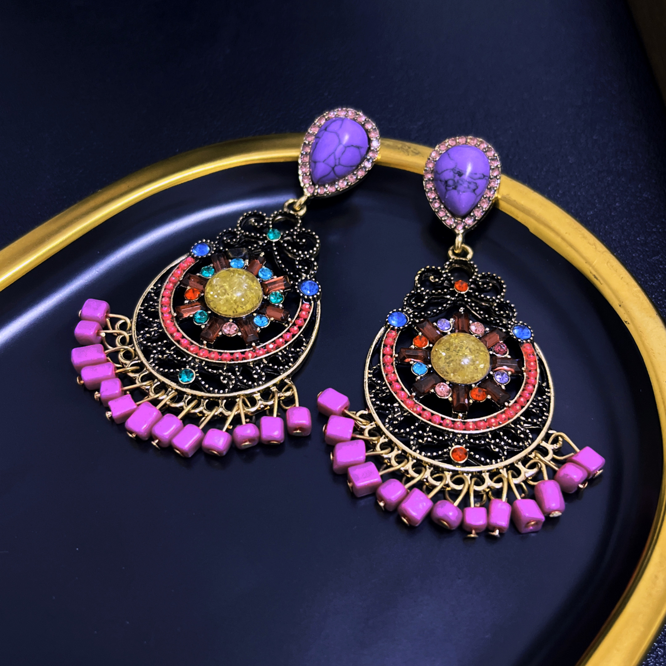 法国走秀复古新款满钻镂空精美花朵耳坠高级感耳钉民族风耳饰女