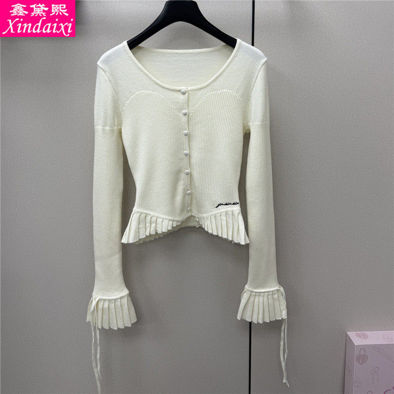 鑫黛熙26春夏新款女士圆领喇叭袖针织衫女设计感花边下摆开衫毛衣,女装/女士精品,毛衣,淘宝优惠券,粉丝福利购,淘宝优惠卷