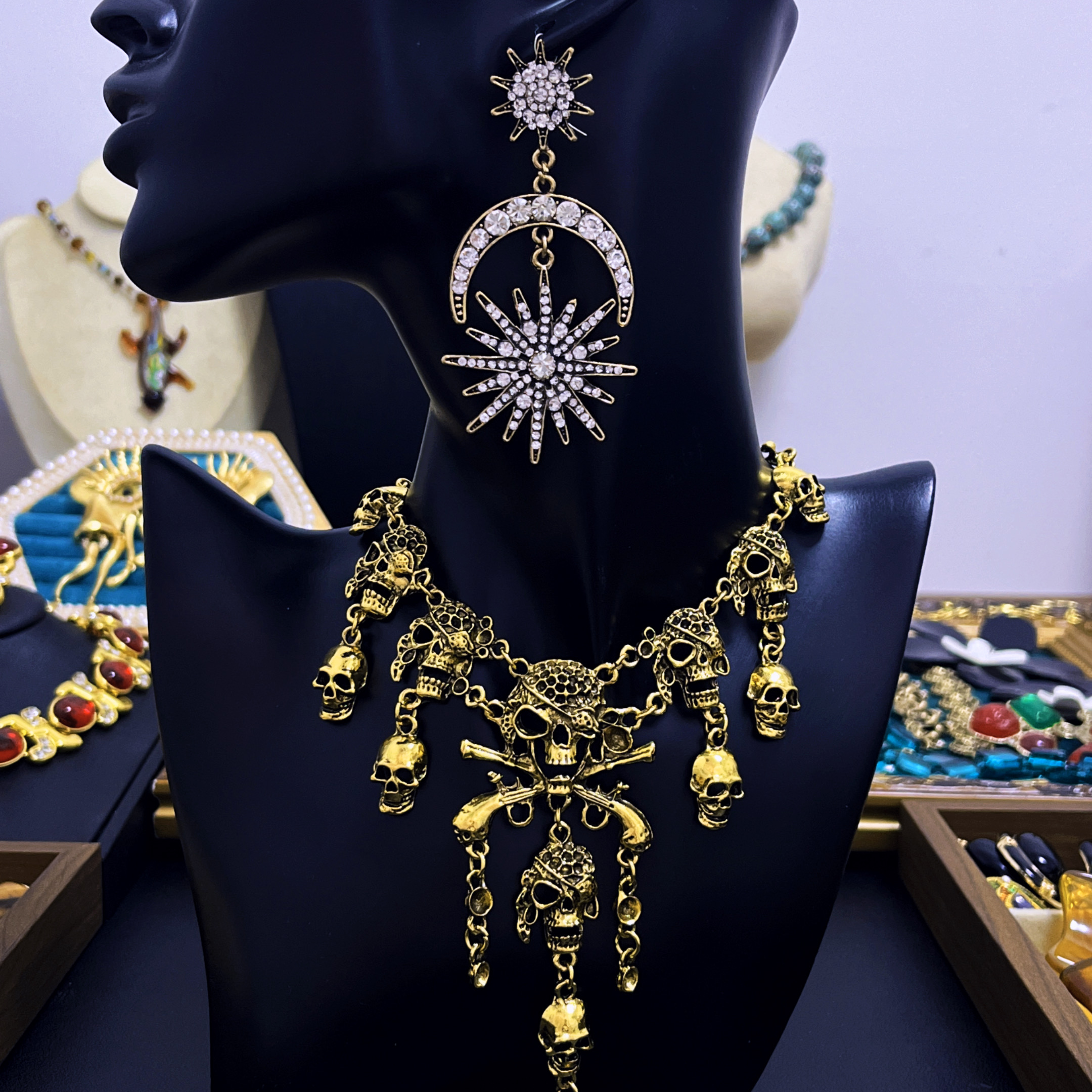 跨境万圣节夸张骷髅头项链个性欧美节日复古鬼头流苏项链吊坠