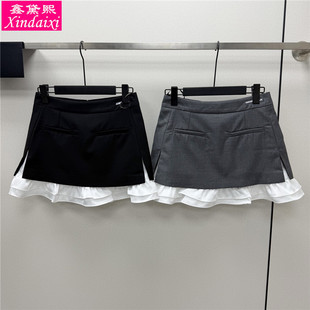 鑫黛熙26夏新款女士假两件荷叶边拼接半身裙高腰A字短裙显瘦下装