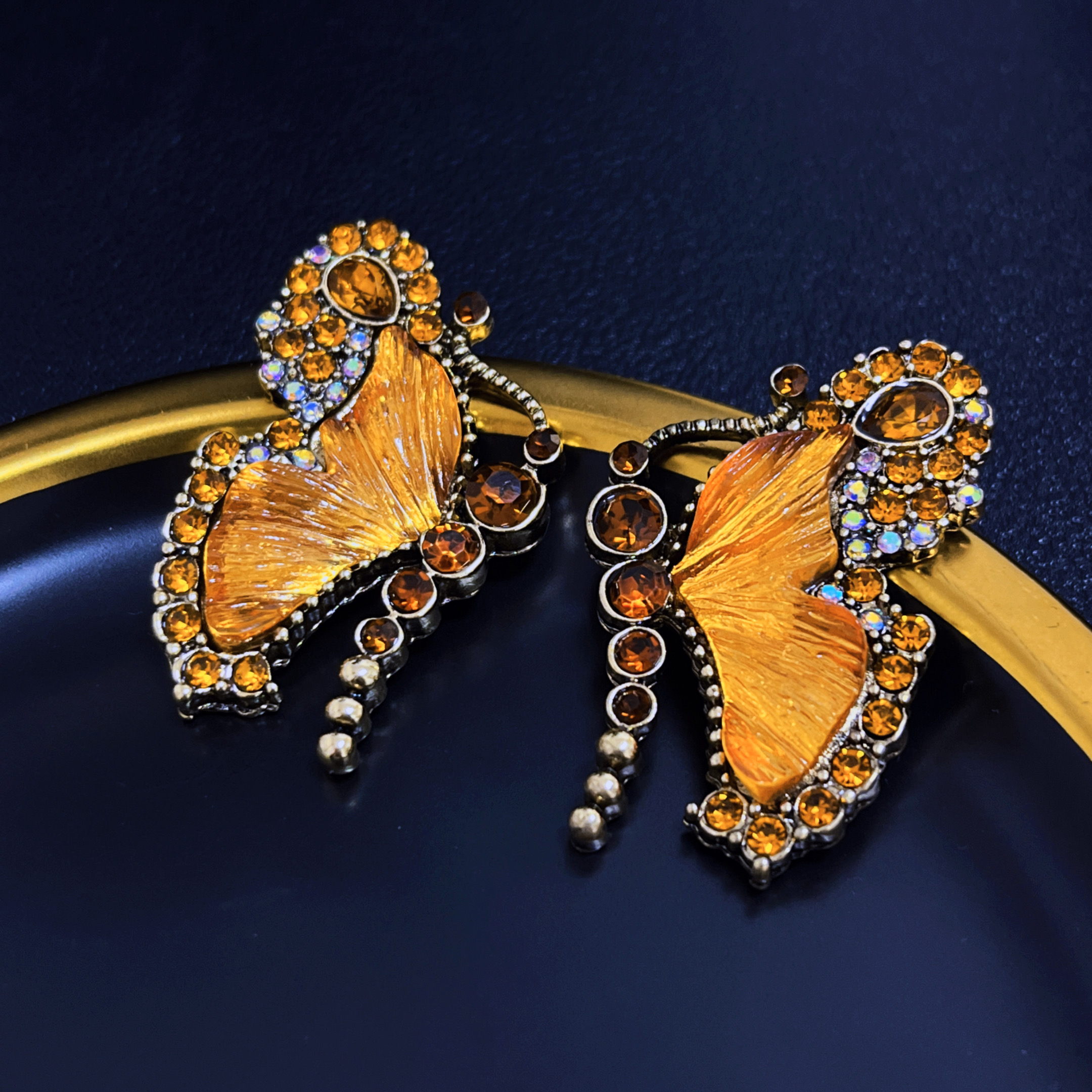 镶钻蝴蝶玻璃珠项链中古跨境小众毛衣链复古轻奢高级感饰品耳钉女