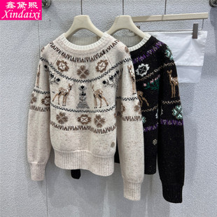 女士费尔岛风小鹿提花针织毛衣圆领加厚保暖上衣 西黛熙25秋冬新款