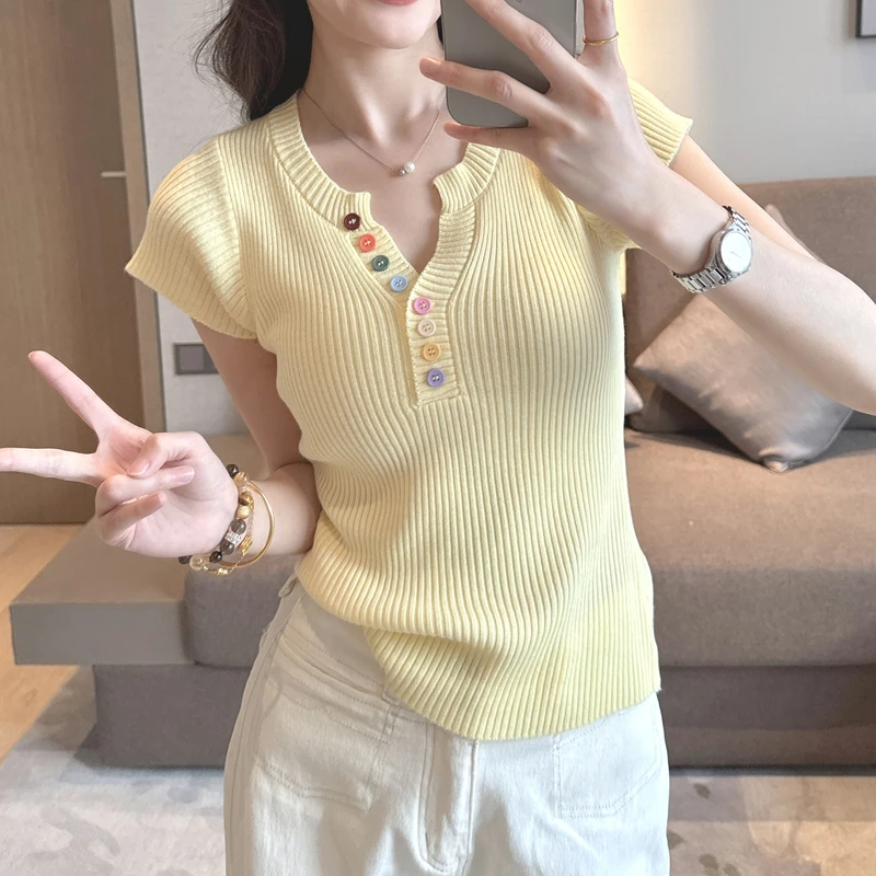 爆爆女装当天急速发货韩版彩色纽扣V领设计感夏季新款针织衫上衣