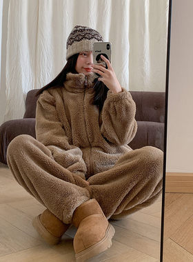慵懒风立领加绒加厚居家服两件套保暖套装韩版纯色宽松睡衣2026冬