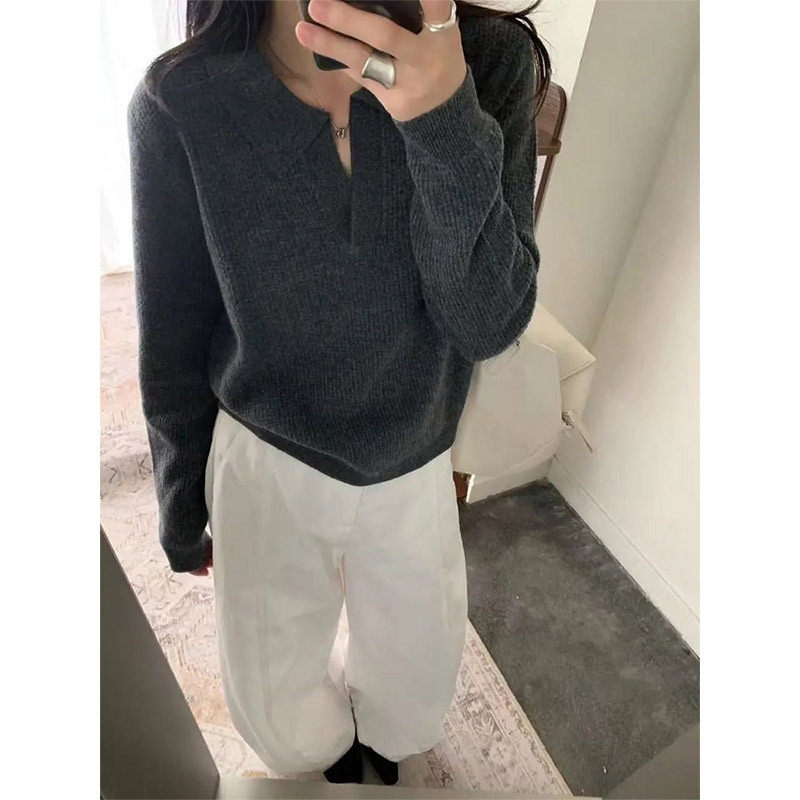 韩系v领毛衣外穿女秋冬新款宽松慵懒风针织polo衫通勤套头上衣潮