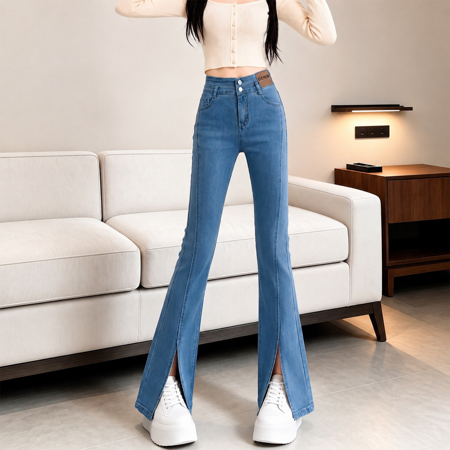 蓝色微喇牛仔裤女2026新款秋季高腰紧身显瘦马蹄直筒开叉喇叭裤子