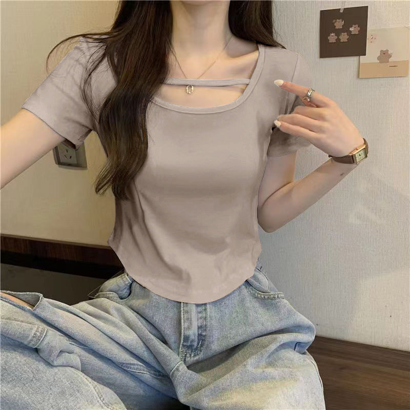 辣妹纯棉正肩短袖弹性T恤女 2024夏季新款修身显瘦设计感短款上衣