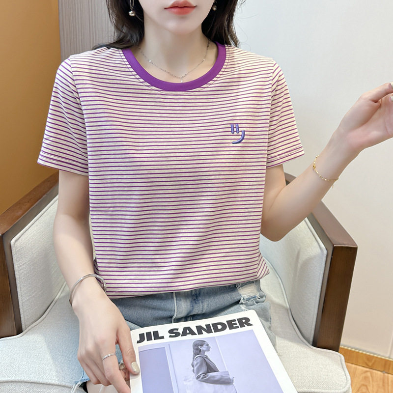 夏季撞色条纹宽松显瘦短袖T恤女