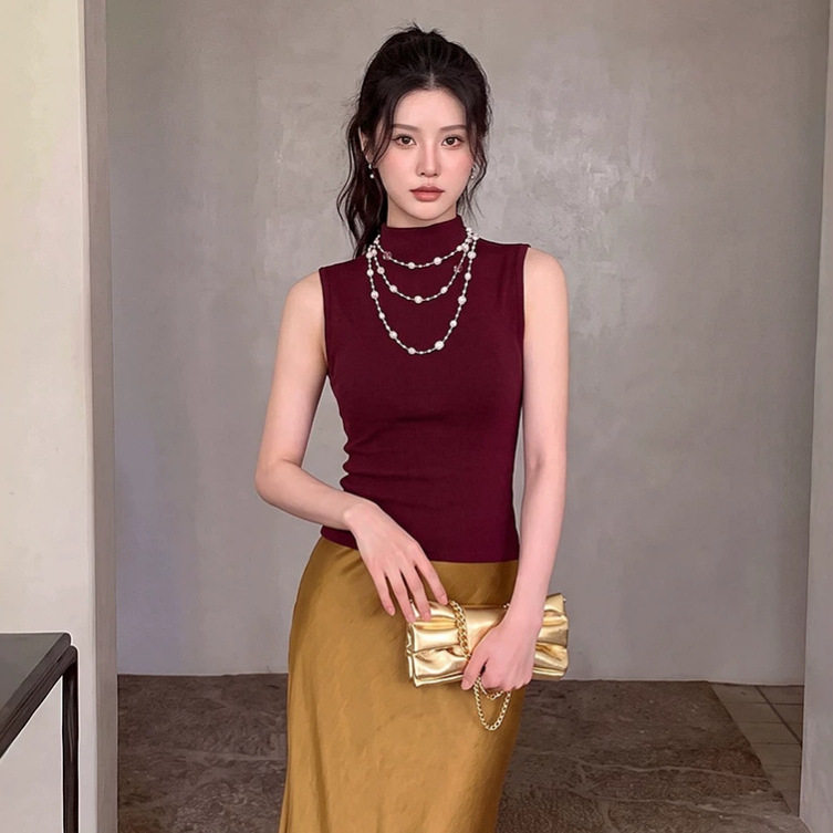菲媛性感纯欲风纯色修身无袖T恤女 早秋新款半高领内搭打底上衣
