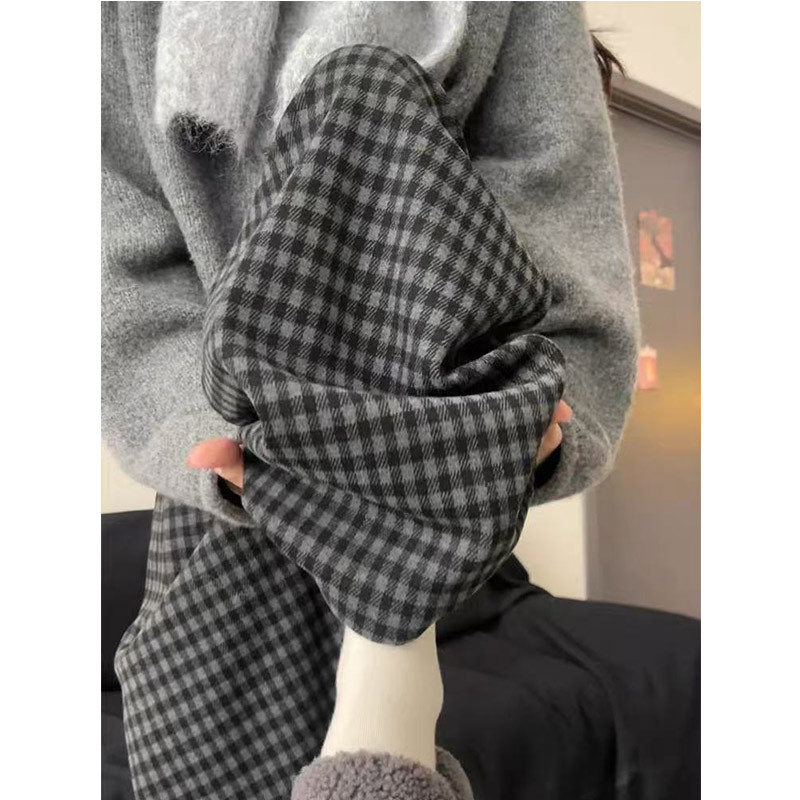 格雷系黑灰撞色阔腿慵懒风格子裤女秋季大码胖妹妹显瘦垂感休闲裤