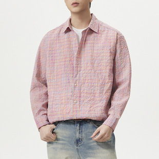 男美式 衬衫 潮流宽松简约轻奢休闲衬衣 老钱风泡泡纱长袖 2026春季