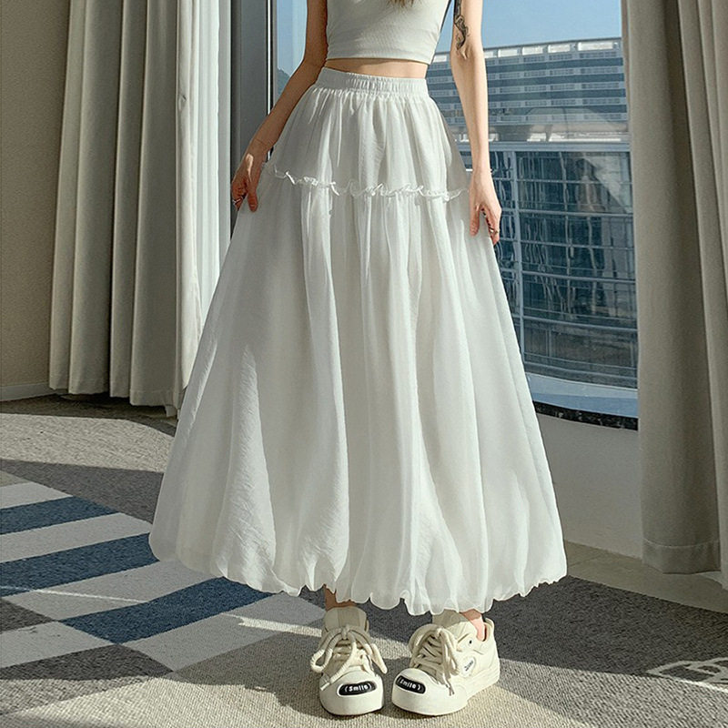 菲媛甜妹学院风花苞裙女2026新款高腰流光纱中长款蓬蓬a字半身裙