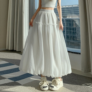 菲媛甜妹学院风花苞裙女2026新款高腰流光纱中长款蓬蓬a字半身裙