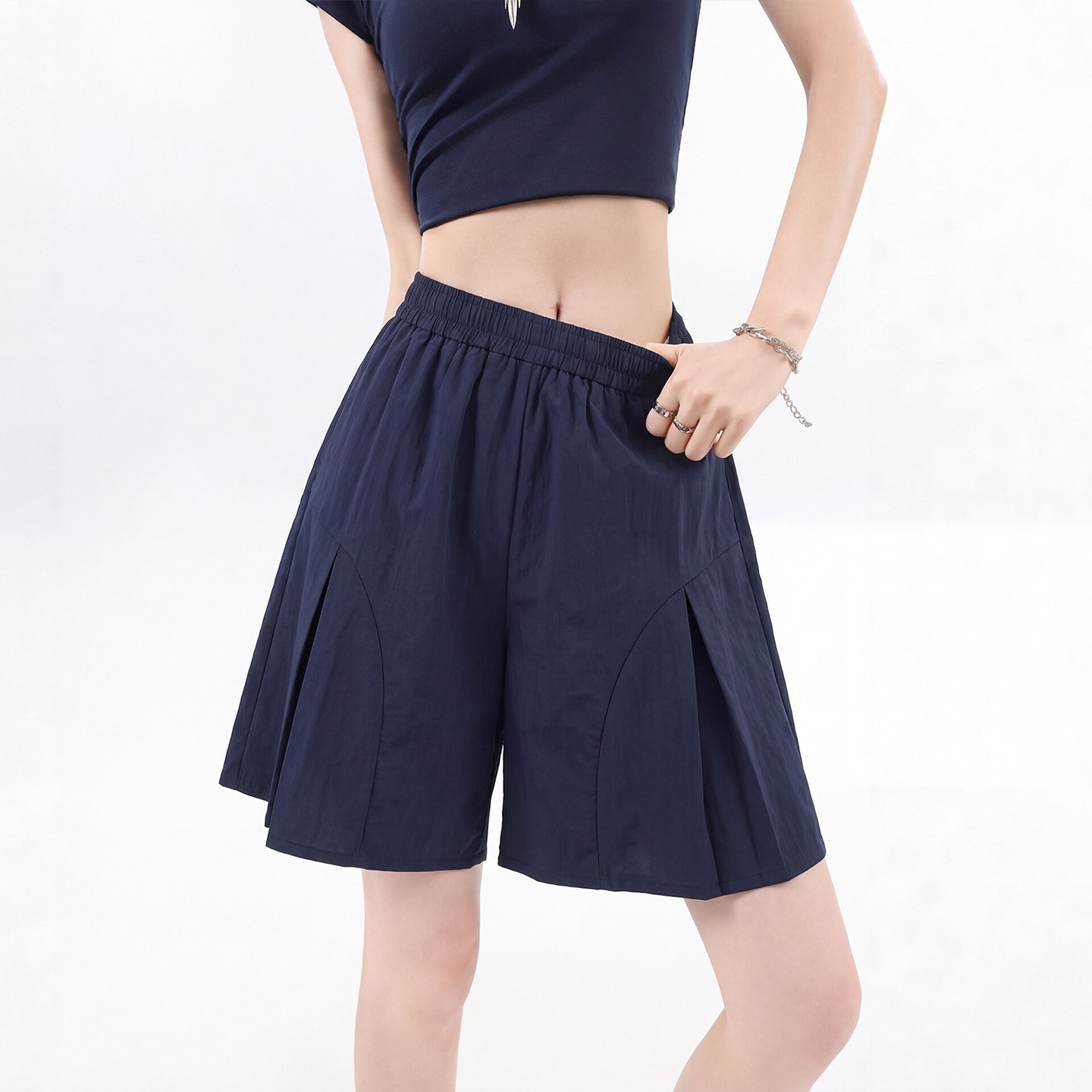 藏青色五分短裤女夏季外穿2026新款健身a字休闲运动阔腿工装裙裤