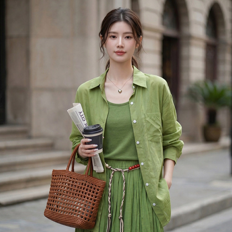老钱风宽松舒适透气天丝轻薄吊带+长袖防晒衬衫外套两件套女夏