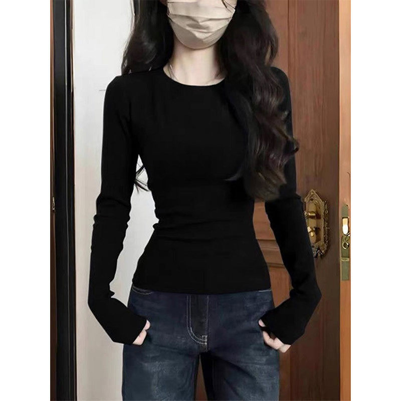 黑色内搭长袖上衣女春秋单穿t恤修身紧身正肩打底衫配大衣深秋冬