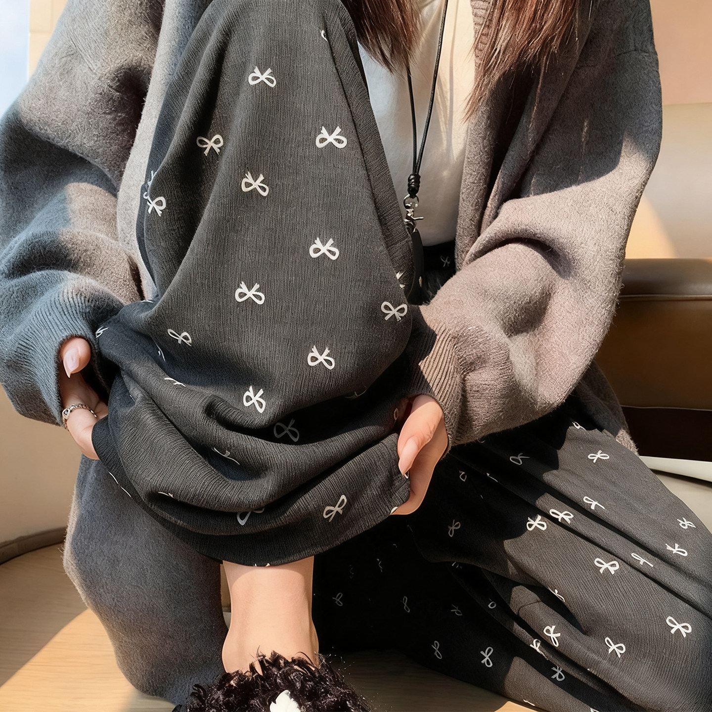 蝴蝶结糯米裤女2026秋季新款垂坠感软糯小个子宽松bf慵懒风阔腿裤