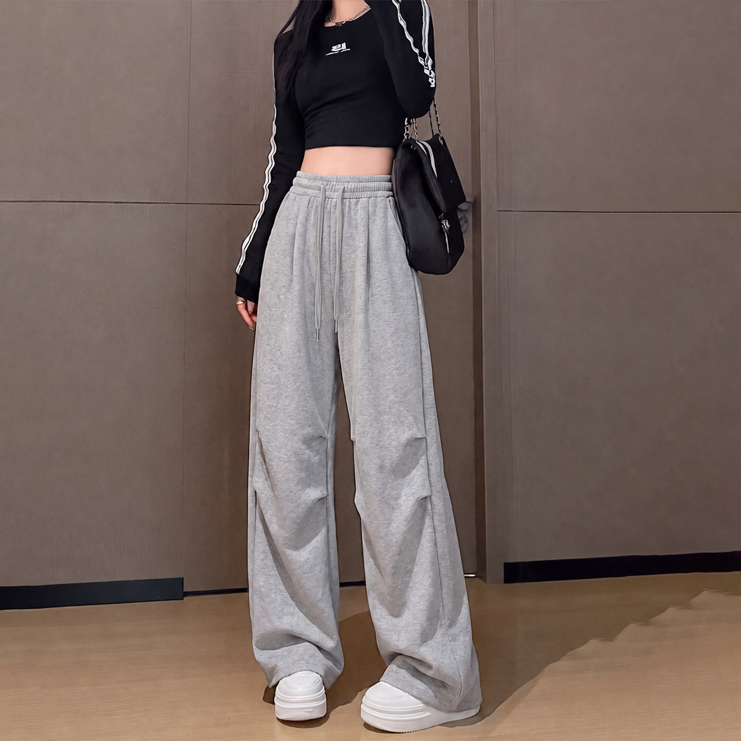 美式灰色运动裤女秋2026新款初中生宽松卫裤小个子阔腿休闲工装裤