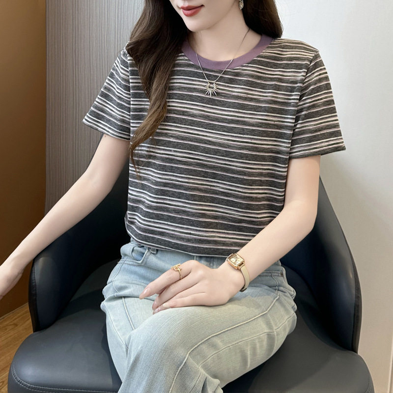 夏季撞色条纹显瘦短袖T恤女