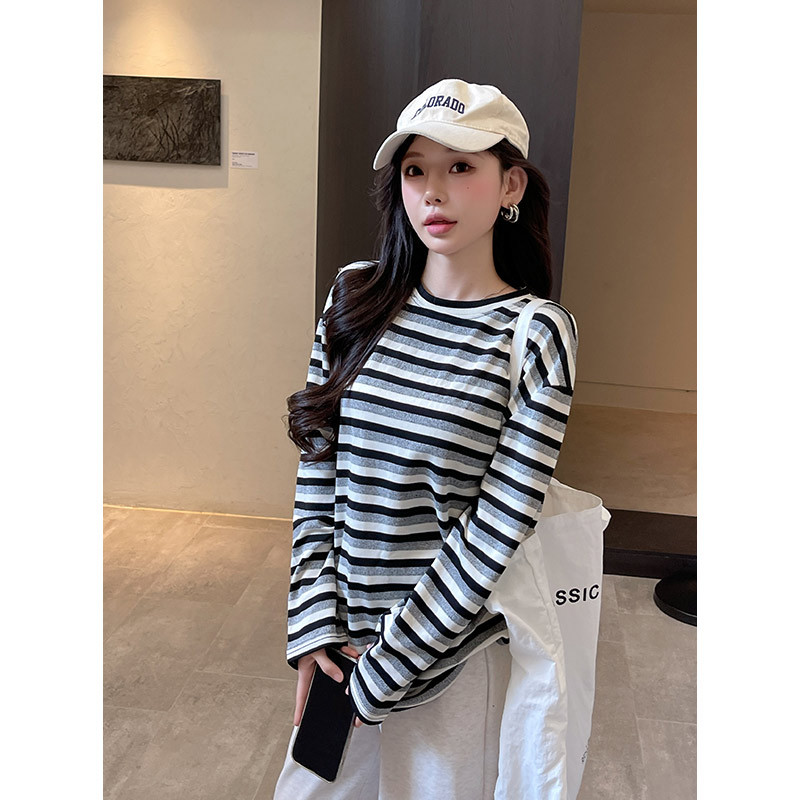 慵懒风chic春秋冬季打底衫2026美式条纹t恤女宽松中长款长袖上衣