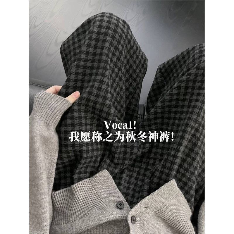 黑灰色复古格子裤女秋冬季2026新款韩版小个子高腰显瘦休闲直筒裤
