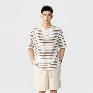 高端美式 T恤男 休闲撞色松弛亨利领上衣春夏亲肤透气宽松简约短袖