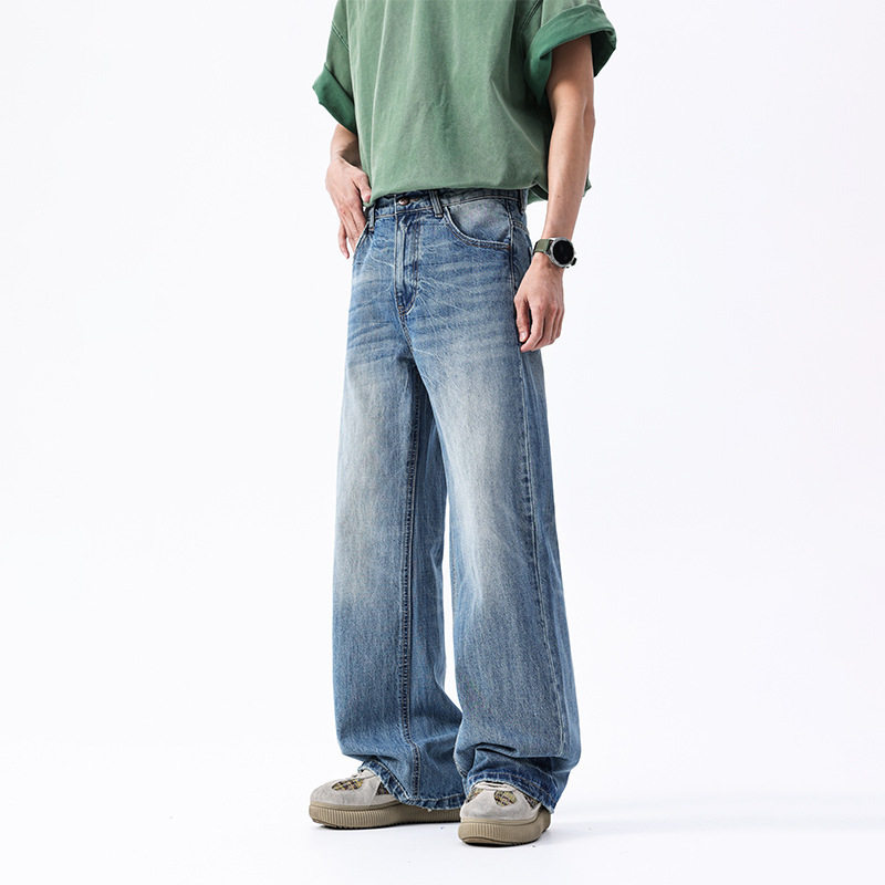 冰裂蓝色直筒宽松A字版款牛仔裤全棉男女同款牛仔休闲长裤子潮牌