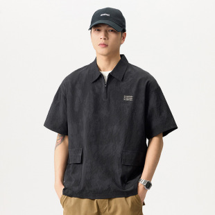 翻领宽松休闲百搭短袖 复古冰丝泡泡肌理感花纹衬衫 衬衣男 新款 夏季