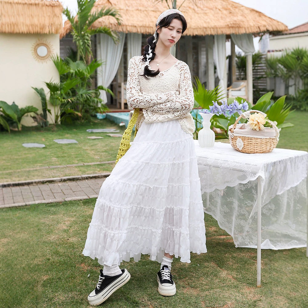 法式天丝皱木耳边a字蛋糕裙 中长款半身裙女白色大摆长裙女夏