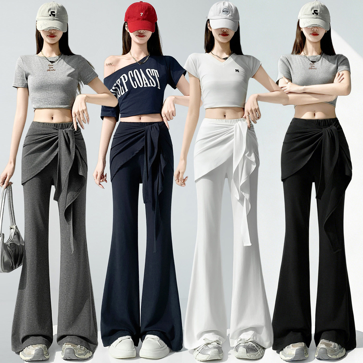 个性假两件系带巴黎舞微辣裤女2026夏季高腰显瘦休闲形态服喇叭裤