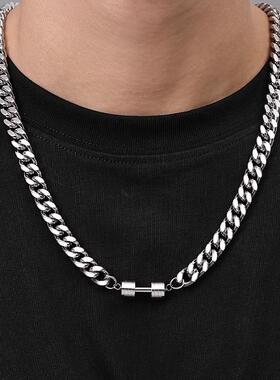 钛钢古巴链男嘻哈潮流高级感杠铃哑铃男士项链高级感配饰不掉色潮