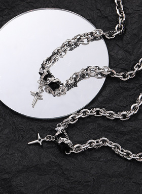 钛钢双层男士十字架宝石项链