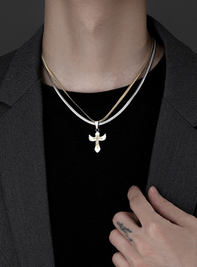男士钛钢十字架双层蛇骨链