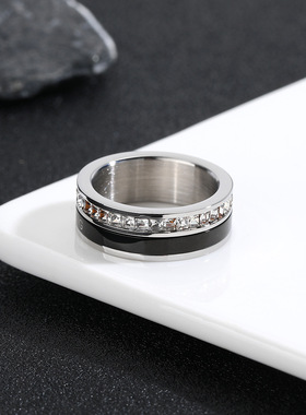 原创设计可转动潮流戒指男士时尚个性百搭钛钢锆石黑色指环不掉色