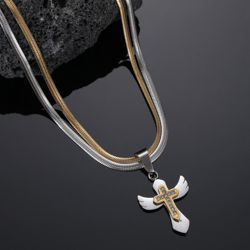 小众设计救赎之翼十字架吊坠钛钢男士项链高级感双层蛇链锁骨链潮