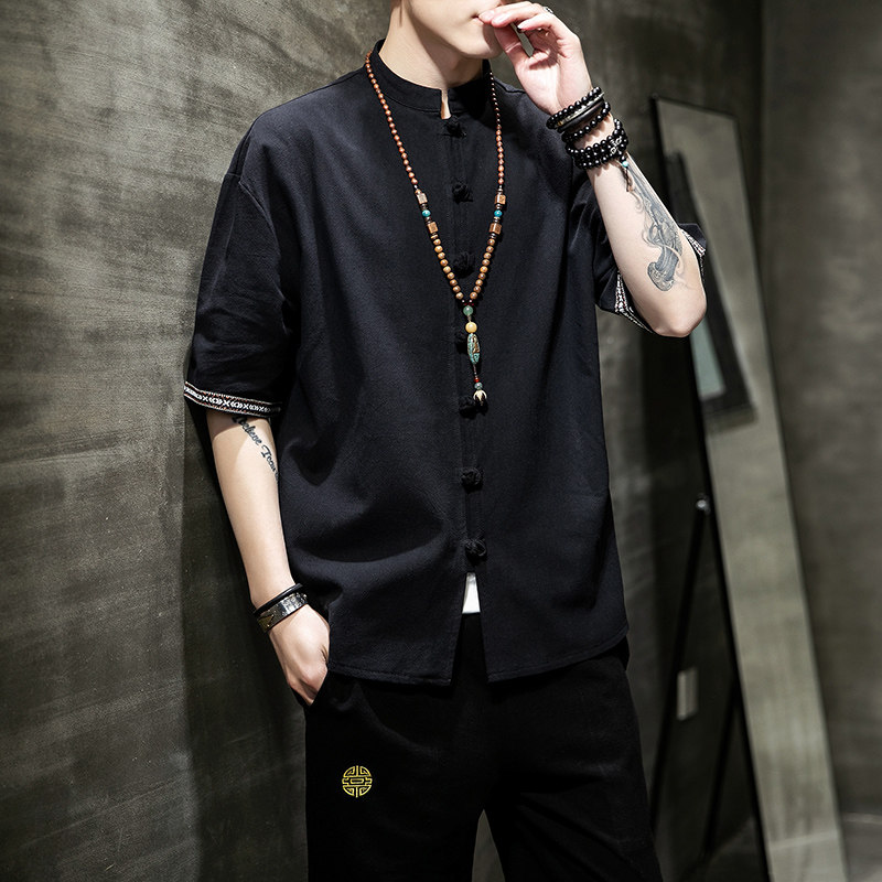 중국 스타일 당나라 정장 린넨 셔츠 중국 스타일 남성 반팔 복고풍 정장 HANFU 면화와 린넨 선 정장 청소년 민족 의류