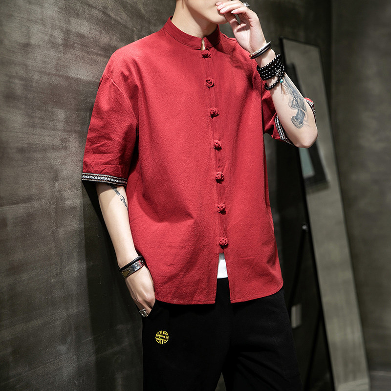 중국 스타일 당나라 정장 린넨 셔츠 중국 스타일 남성 반팔 복고풍 정장 HANFU 면화와 린넨 선 정장 청소년 민족 의류