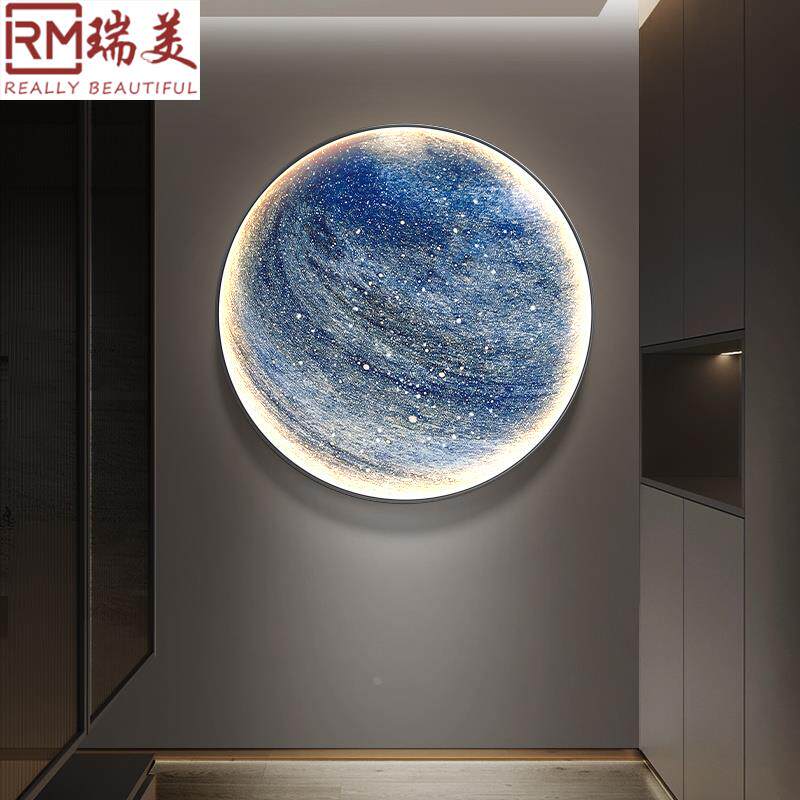 现代轻奢月球星球玄关卧室圆形装饰画客厅沙发背景墙led灯墙壁画