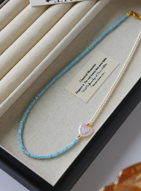 原创新款轻奢天然淡水珍珠项链女夏季高级感蓝色天然石拼接锁骨链