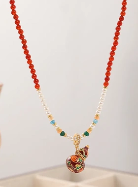 原创新中式红色葫芦天然石串珠项链女复古精致气质百搭长款毛衣链