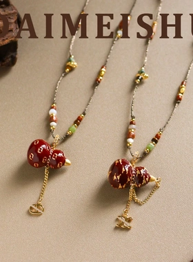 原创时尚精致红色滴油葫芦手工编织串珠毛衣链轻奢高级感长项链女