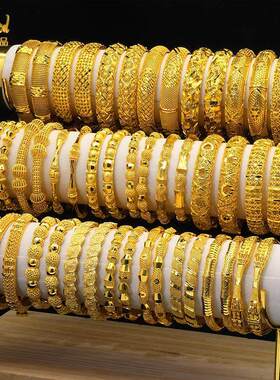 订婚五金仿真假三金首饰女沙金手镯24K镀金镂空雕花图腾新娘手镯