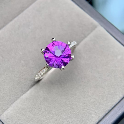 天然紫水晶S925银女士简单款戒指烟花活口银女士小巧精致9mm圆款