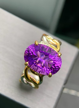 意大利设计款天然紫水晶戒指S925精工银女士活口戒指双层度金款