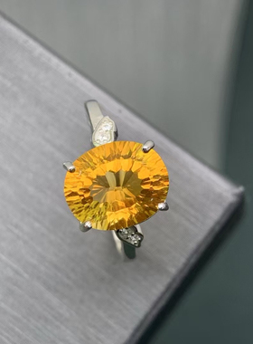 意大利设计天然黄水晶戒指S925银女士活口戒指精工镶嵌女士简单款