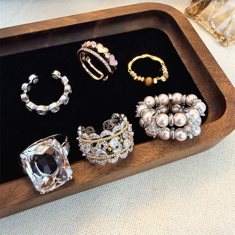 欧美中古时尚镂空珍珠锆石戒指个性独特时尚双层贵气千金风食指戒