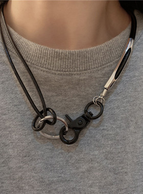 朋克风小众设计机能皮绳扣子金属质感男女锁骨链项链女