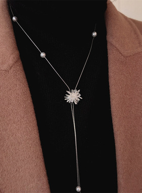 韩系烟花珍珠流苏项链女时尚高级感精致百搭可抽拉毛衣链颈链