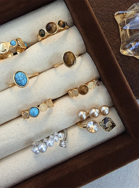 复古宫廷风金色绿松石戒指秋冬高级感精致时尚方糖珍珠开口食指戒