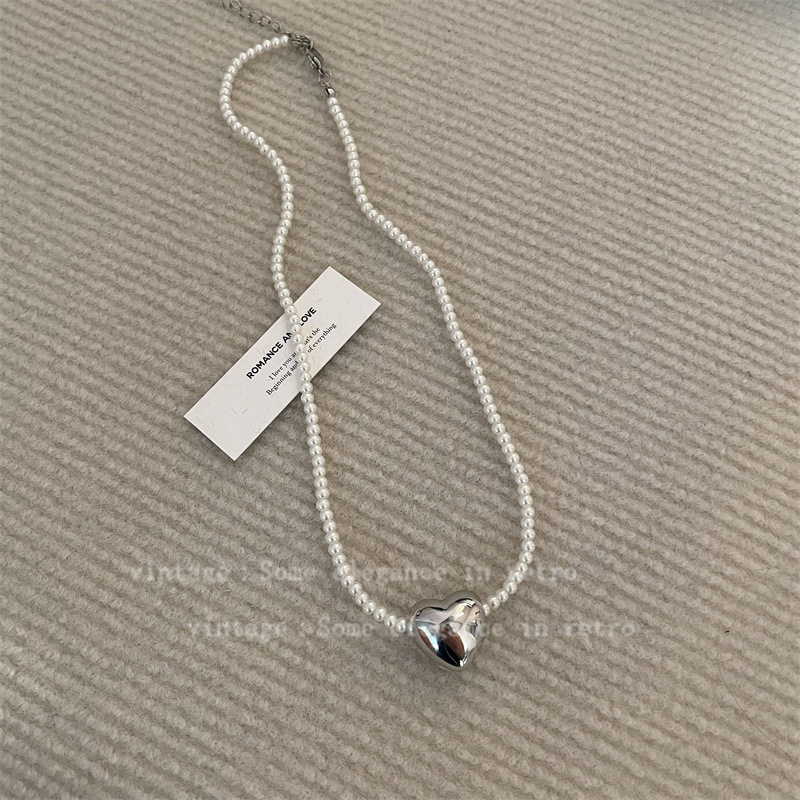 韩国新款爱心吊坠珍珠项链ins风复古个性气质百搭锁骨链休闲项链